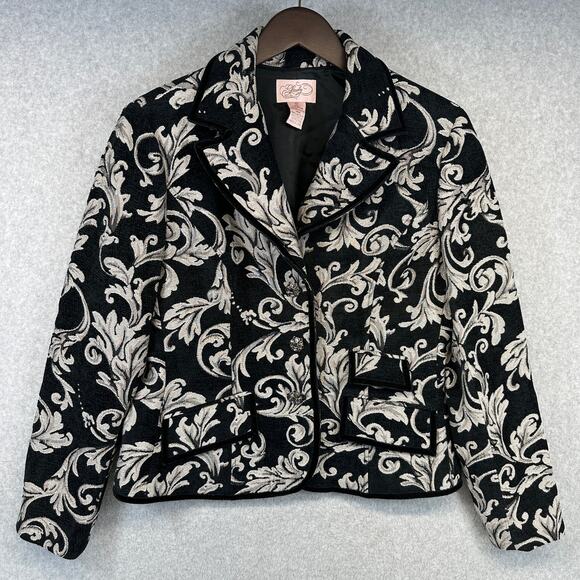 VTG Lovely Blazer Jacket Womens 12 Black White Baroque Damask Pattern 3-Button - Picture 1 of 15